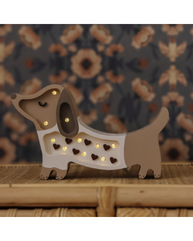 Lampe veilleuse en bois mini chien - cœurs chocolat