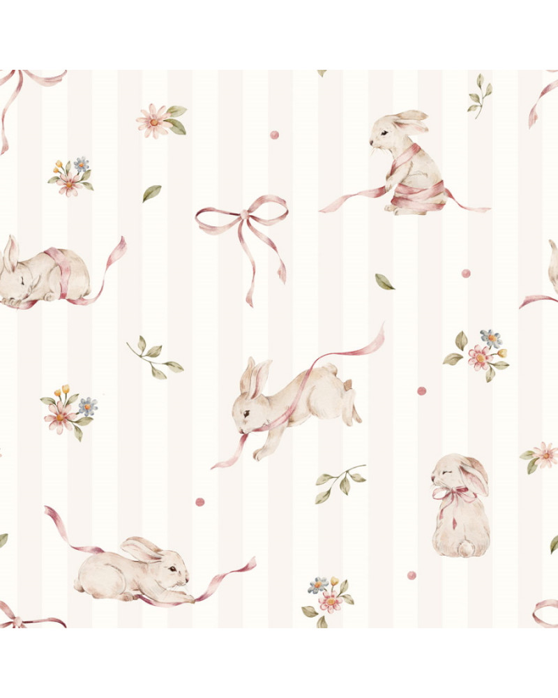 Papier peint enfant petits lapins roses sur fond à rayures