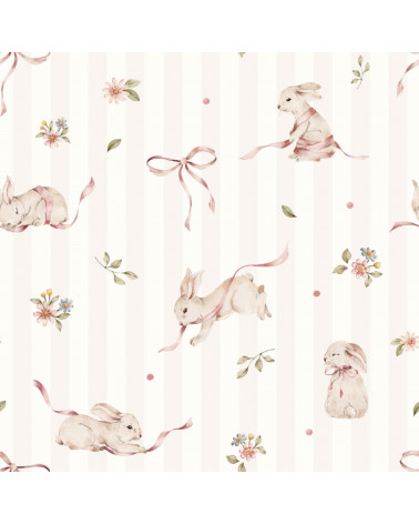 Papier peint enfant petits lapins roses sur fond à rayures