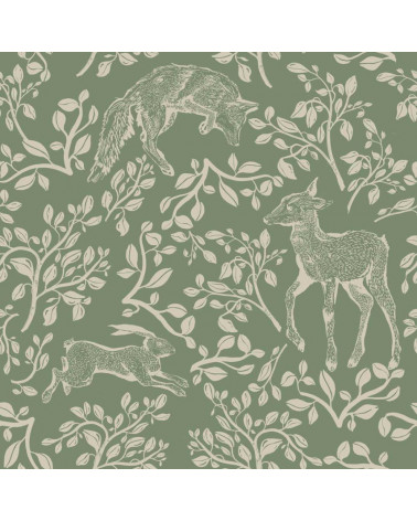 Papier peint enfant animaux de conte de fées fond vert