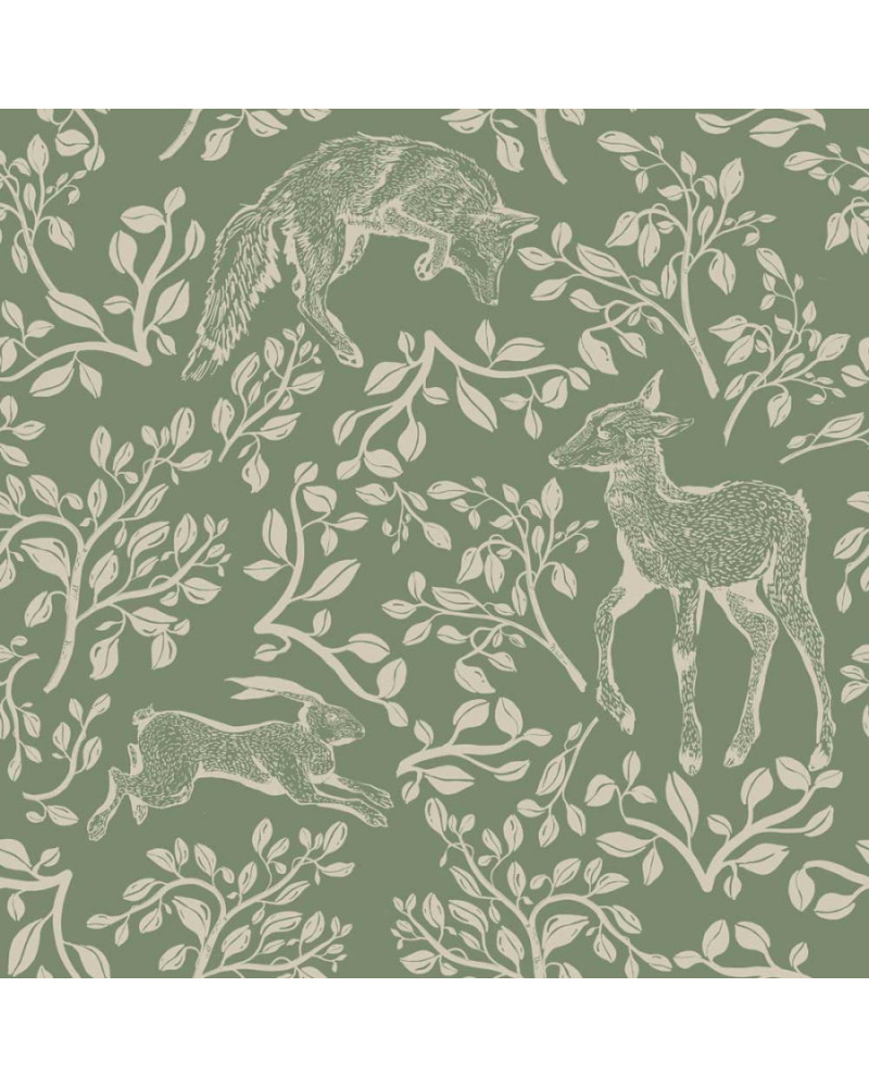 Papier peint enfant animaux de conte de fées fond vert