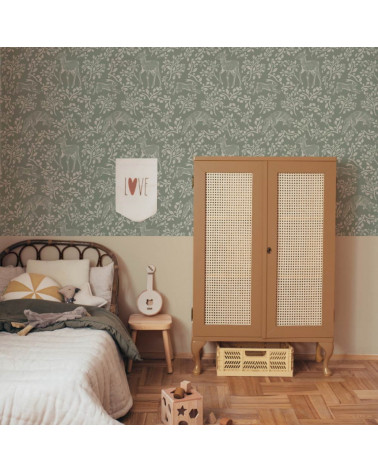 Papier peint enfant animaux de conte de fées fond vert