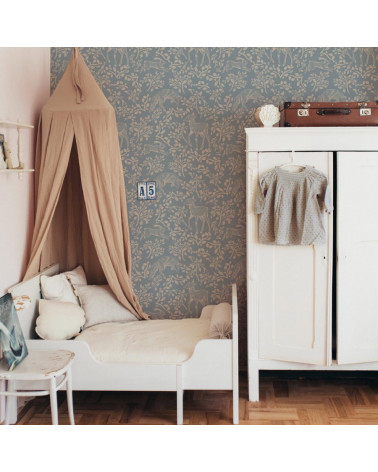 Papier peint enfant animaux de conte de fées fond bleu