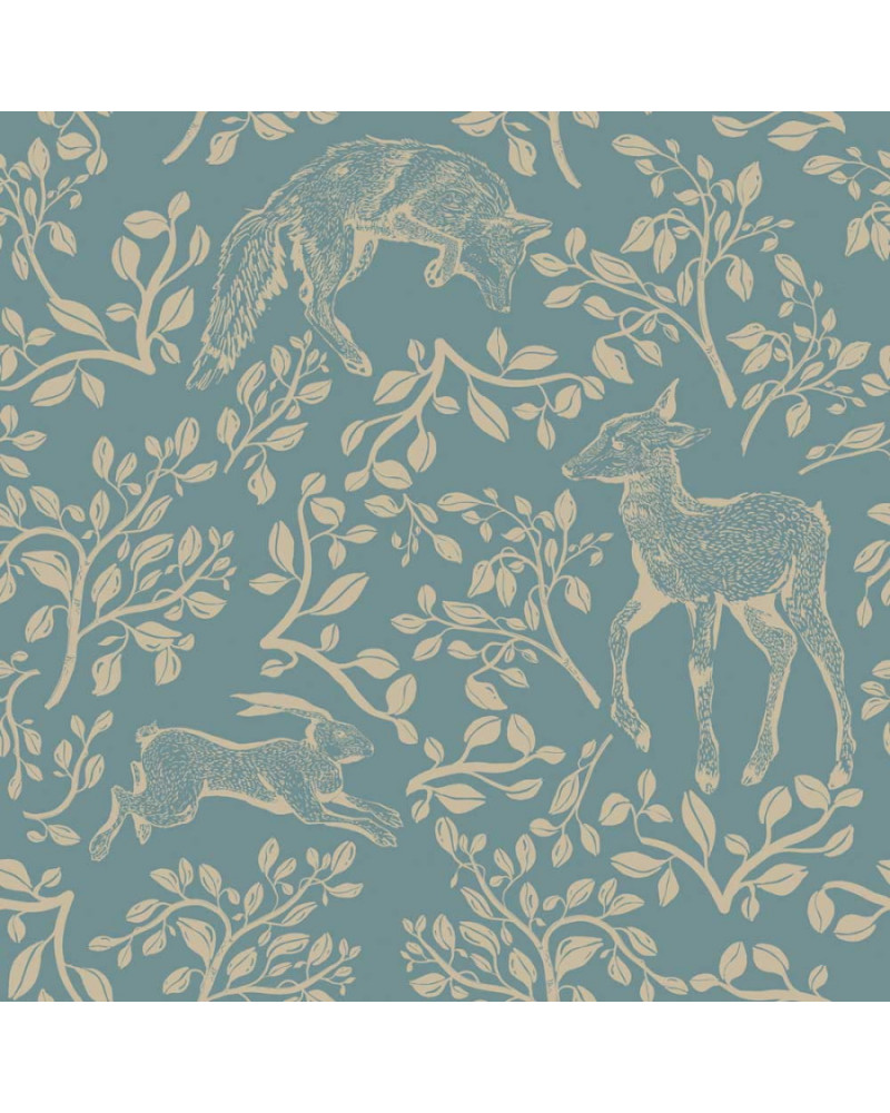 Papier peint enfant animaux de conte de fées fond bleu