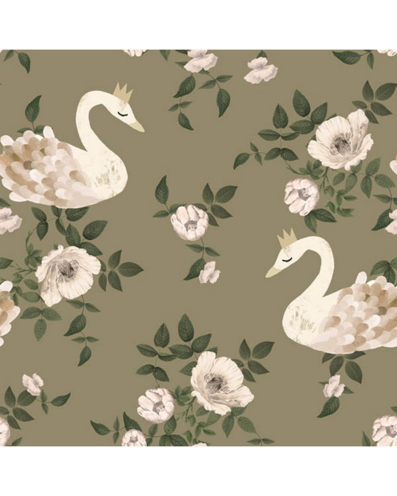 Echantillon Papier peint enfant royaume des cygnes fond vert