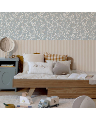 Papier peint enfant délicates brindilles fond bleu avec rayures beige