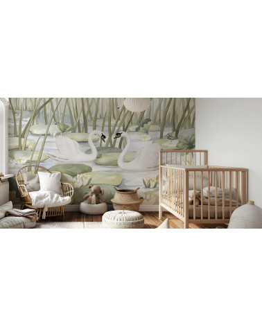 Papier peint enfant cygnes Spectacular swans - Kikki Belle