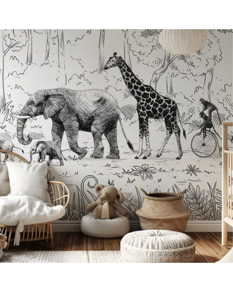 Papier peint enfant Animal Parade - Noir et Blanc - Kikki Belle