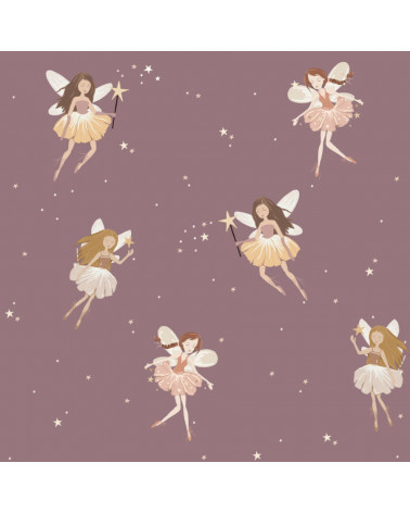 Papier peint enfant petites fées - fond prune