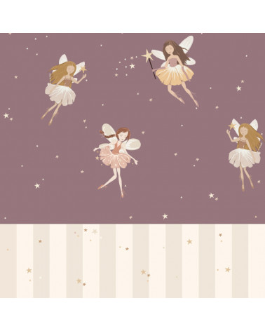 Papier peint enfant petites fées prune et rayures