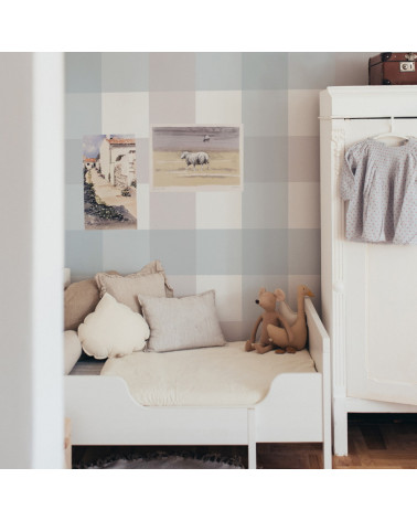 Papier peint enfant carreaux Provence beige bleu - grand