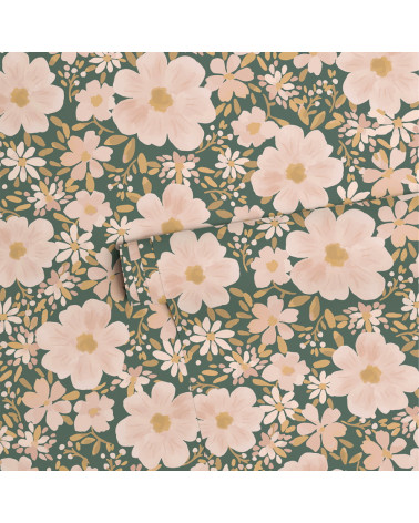 Papier peint enfant - les fleurs fond vert foncé - Lilipinso
