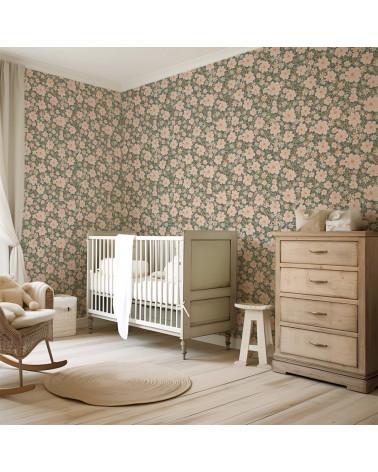 Papier peint enfant - les fleurs fond vert foncé - Lilipinso