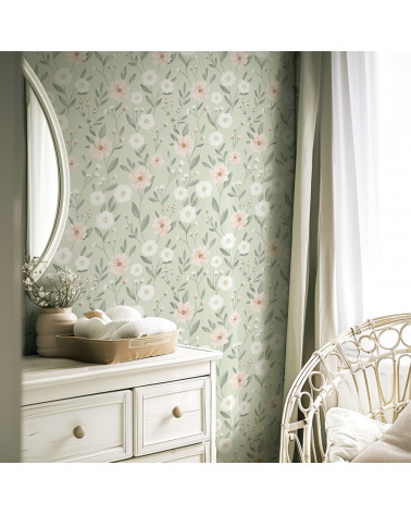 Papier peint enfant - éclosion florale fond vert - Lilipinso