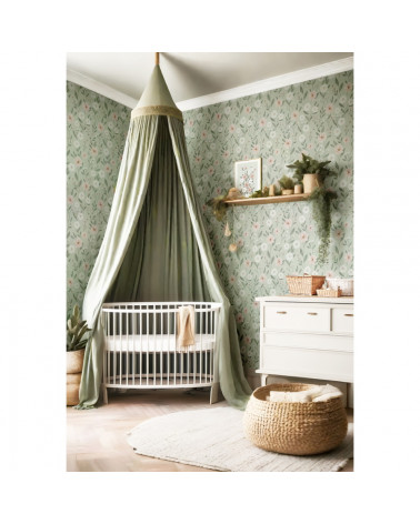 Papier peint enfant - éclosion florale fond vert - Lilipinso