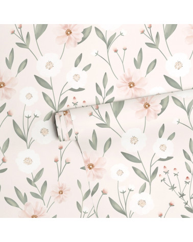 Papier peint enfant - éclosion florale fond rose - Lilipinso