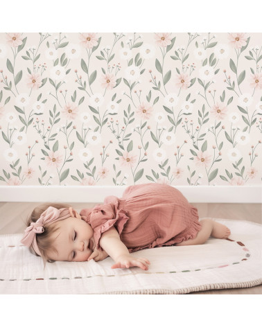 Papier peint enfant - éclosion florale fond rose - Lilipinso
