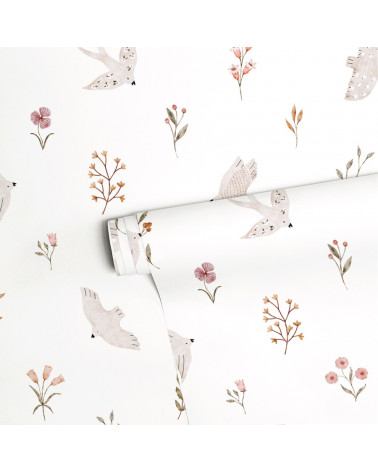 Papier peint enfant - hirondelles et fleurs - Lilipinso