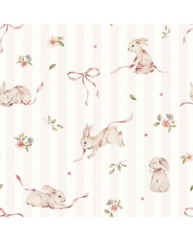 Echantillon Papier peint enfant petits lapins roses sur fond à rayures