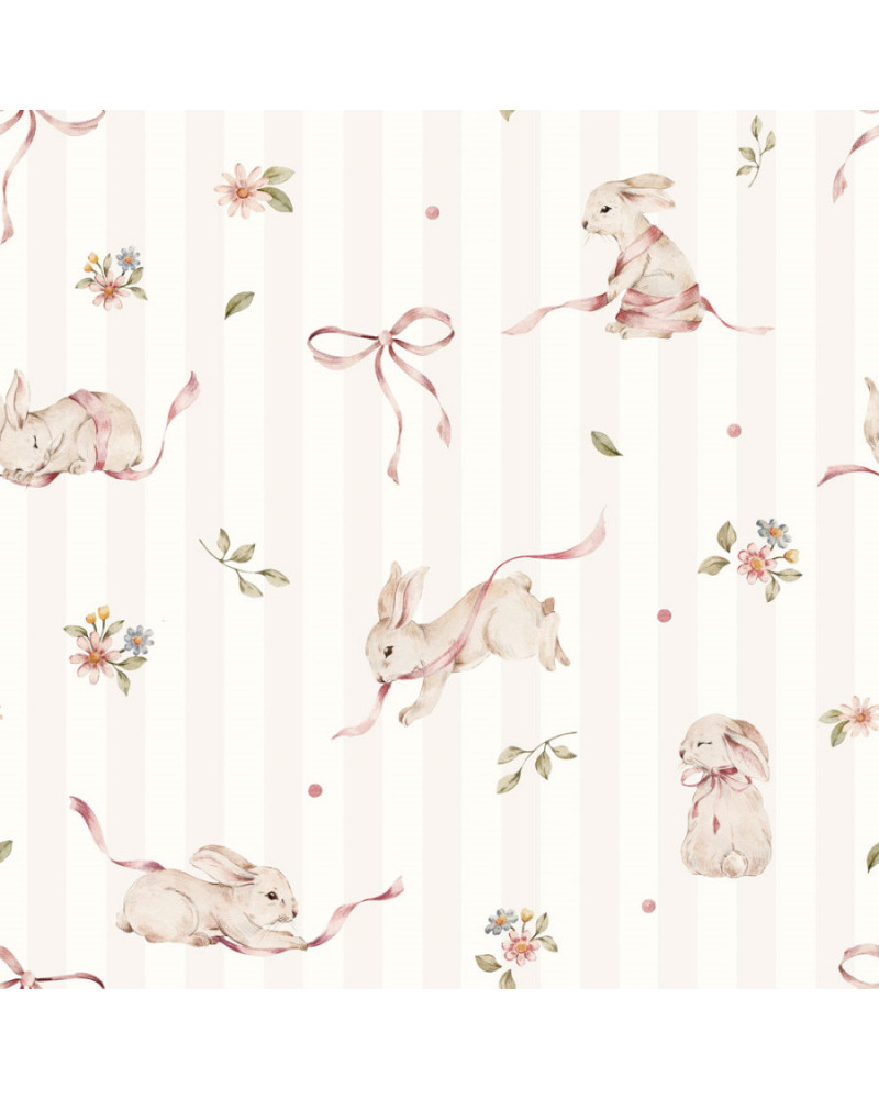 Echantillon Papier peint enfant petits lapins roses sur fond à rayures