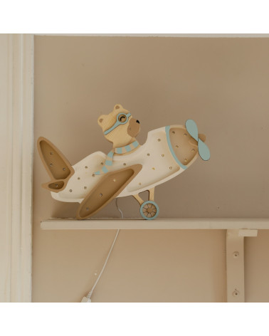 Lampe veilleuse en bois avion vintage avec ourson - vanilla sky