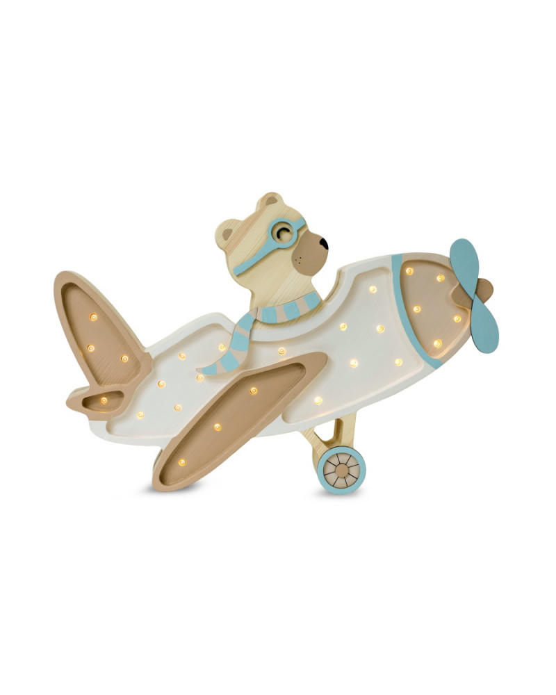 Lampe veilleuse en bois avion vintage avec ourson - vanilla sky