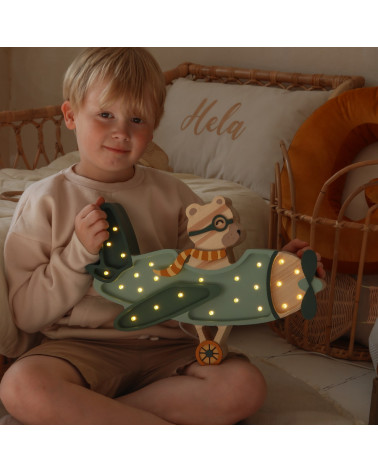 Lampe veilleuse en bois avion vintage avec ourson - khaki pastel Little lights