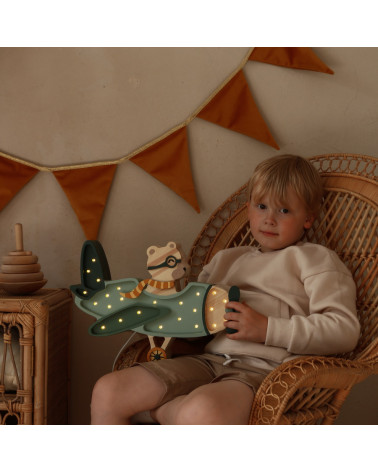 Lampe veilleuse en bois avion vintage avec ourson - khaki pastel Little lights