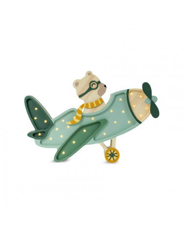 Lampe veilleuse en bois avion vintage avec ourson - khaki pastel Little lights