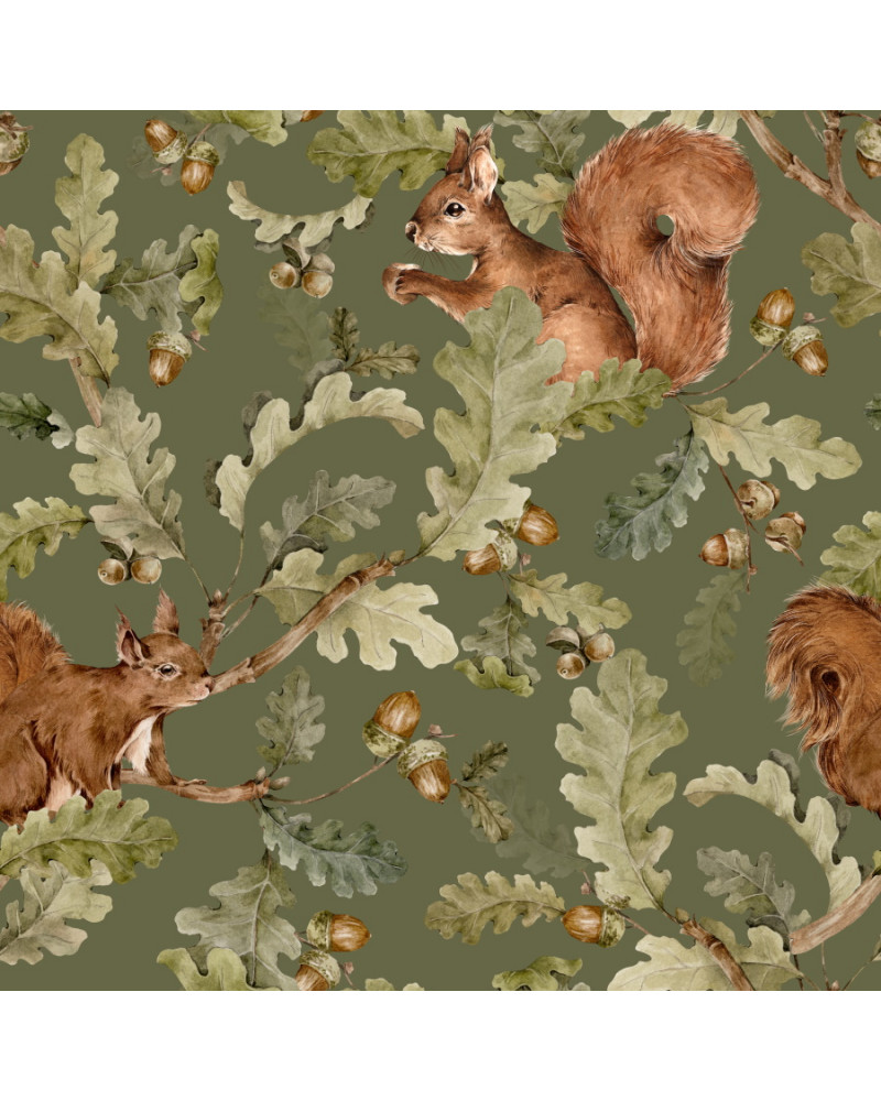 Papier peint enfant écureuils fond vert