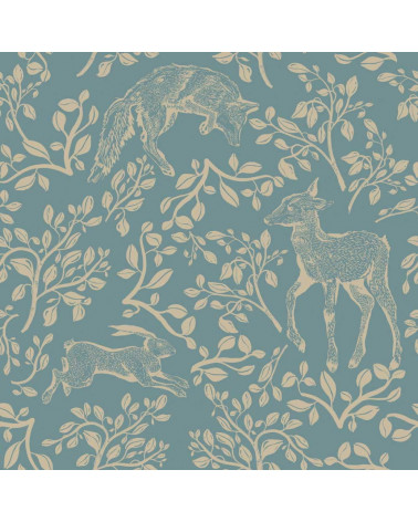 Echantillon Papier peint enfant animaux de conte de fées fond bleu