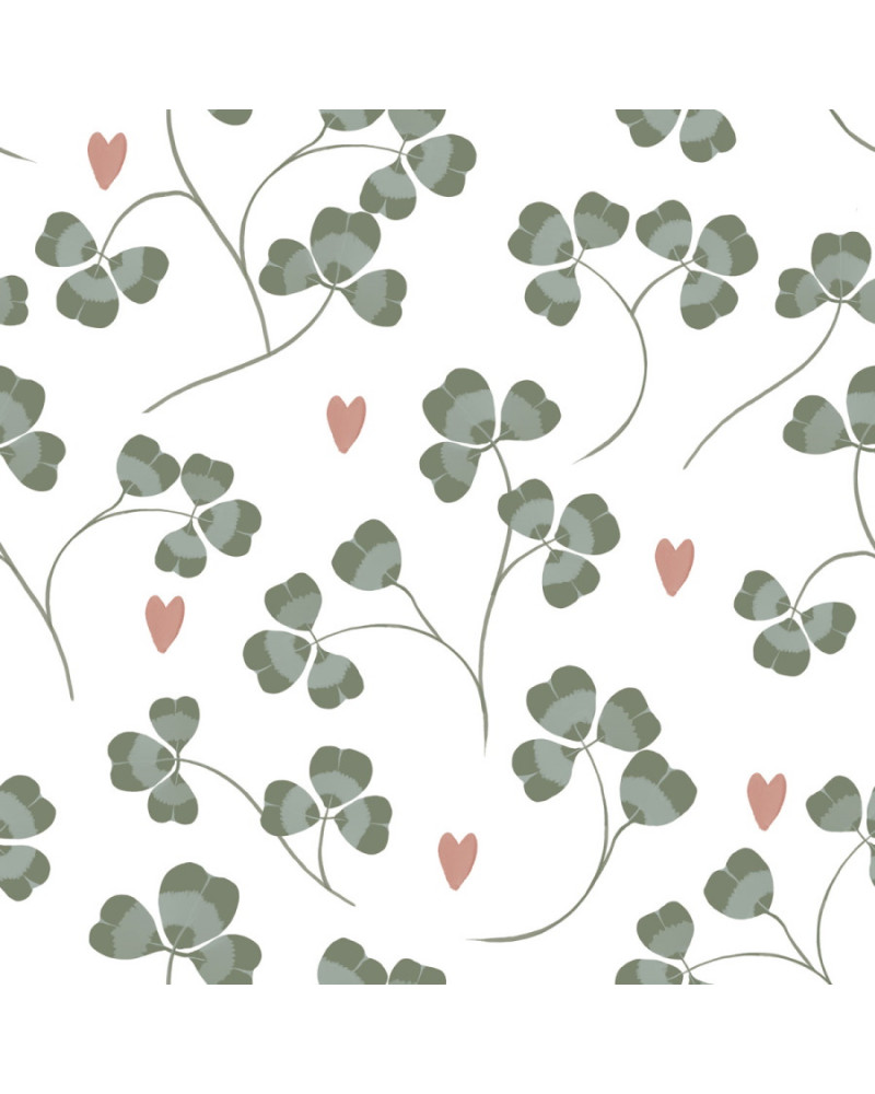 Papier peint enfant trèfles et coeurs fond blanc