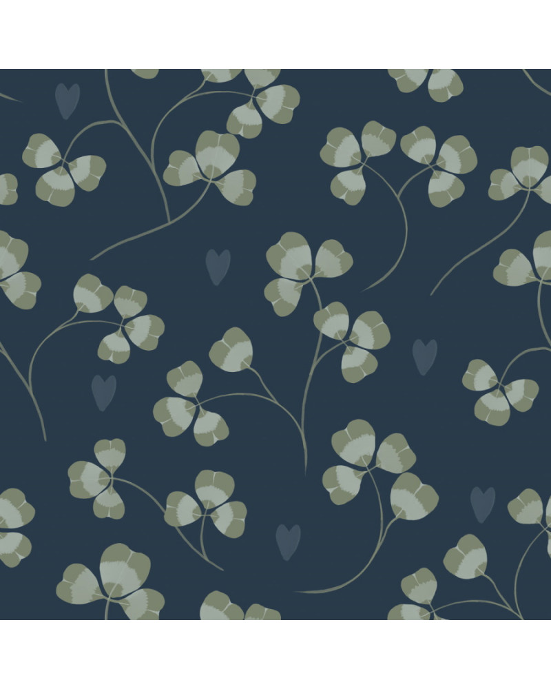 Papier peint trèfles et coeurs fond bleu foncé