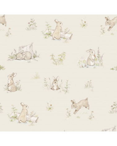 Echantillon papier peint enfant Les lapins curieux fond beige