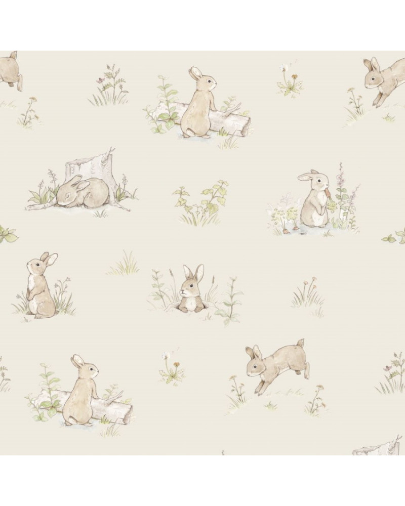 Echantillon papier peint enfant Les lapins curieux fond beige