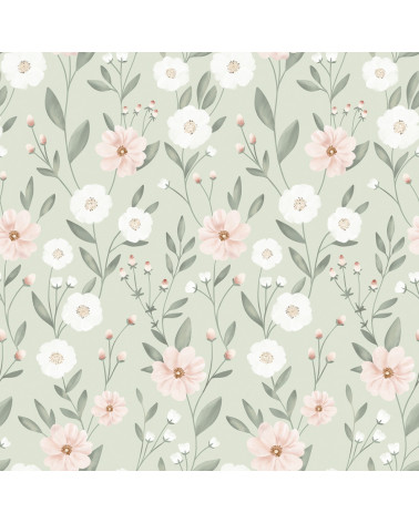 Echantillon papier peint enfant - éclosion florale fond vert - Lilipinso