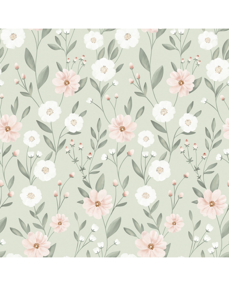 Echantillon papier peint enfant - éclosion florale fond vert - Lilipinso