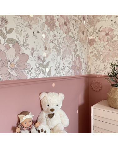 Papier peint  enfant lapins et fleurs roses