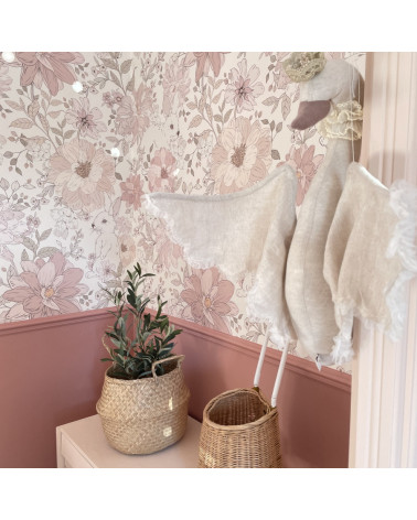 Papier peint  enfant lapins et fleurs roses