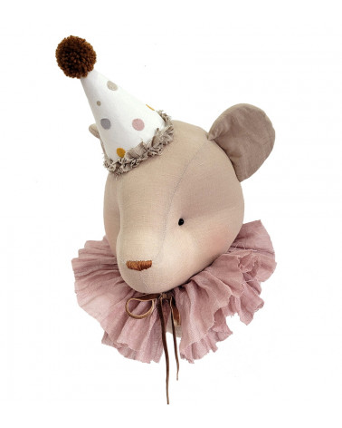 Trophée ours en lin - beige avec col rose poudré