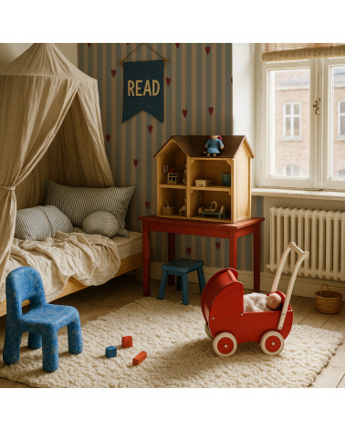 Papier peint enfant à rayures et cœurs rouges