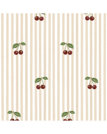 Echantillon Papier peint enfant à rayures rose avec cerises