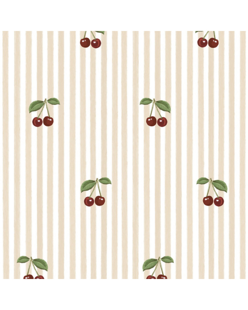 Echantillon Papier peint enfant à rayures rose avec cerises