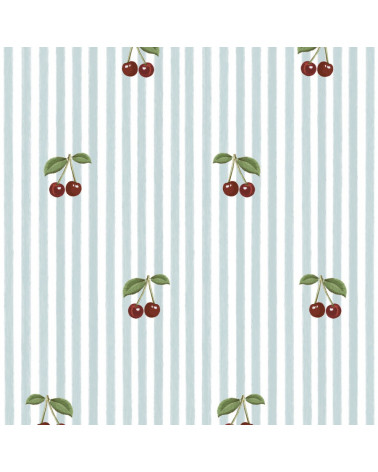 Echantillon Papier peint enfant à rayures bleues avec cerises