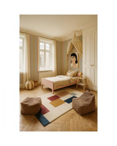 Papier Peint Enfant – Rayures Bleu, Saumon et Jaune