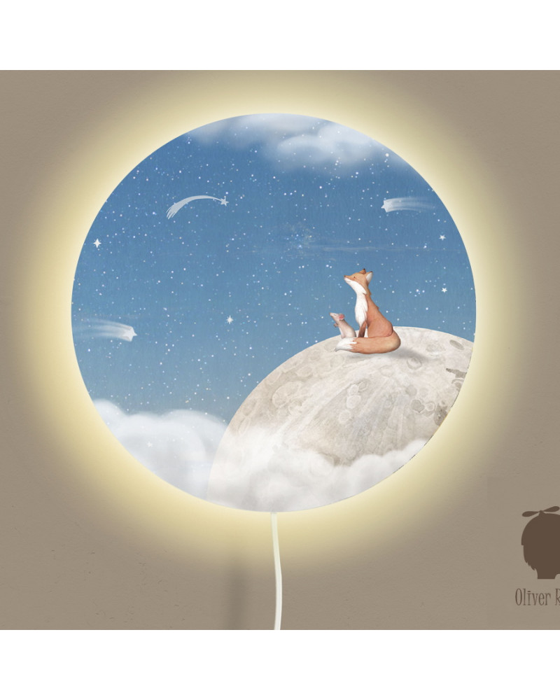 Applique murale ronde - Renard sur la Lune - fond bleu