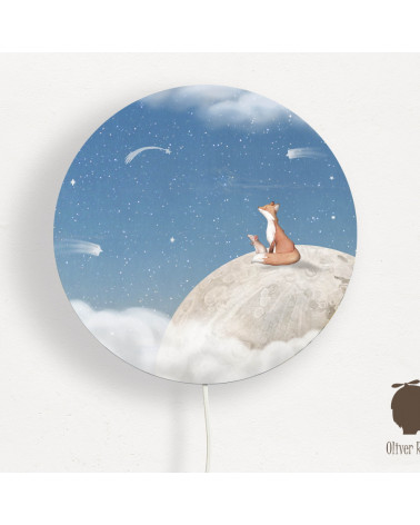 Applique murale ronde - Renard sur la Lune - fond bleu
