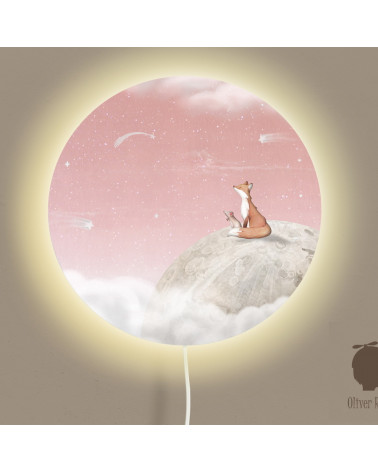 Applique murale ronde - Renard sur la Lune - fond rose