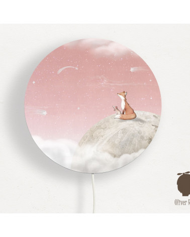 Applique murale ronde - Renard sur la Lune - fond rose