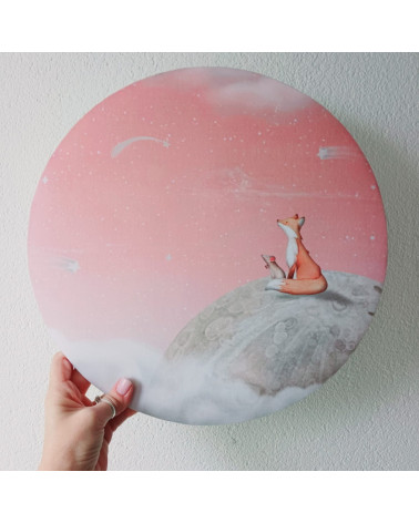 Applique murale ronde - Renard sur la Lune - fond rose